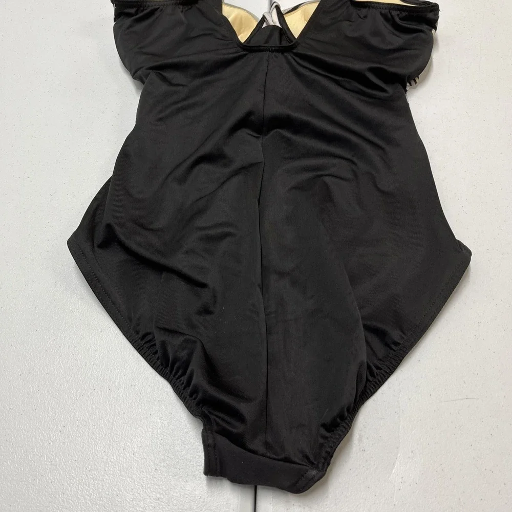 Miraclesuit Swimsuit Black Metallic Striped Crossover Bodice Size 14 Slimming